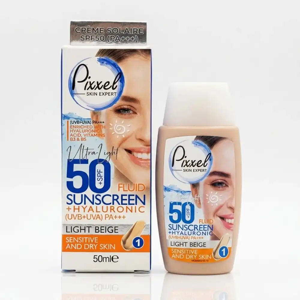 ضد آفتاب پیکسل بژ روشن پوست خشک و حساس SPF 50+ فلوئیدی 50 میلی لیتری ضد آفتاب پیکسل بژ روشن پوست خشک و حساس SPF 50+ فلوئیدی 50 میلی لیتری