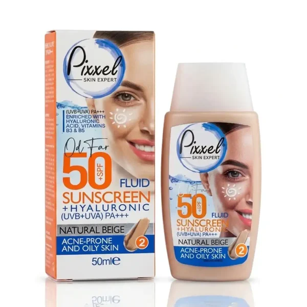 فلوئید ضد آفتاب SPF 50+ بژ طبیعی پیکسل پوست چرب 50 میلی لیتری