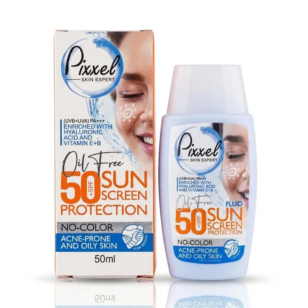 فلوئید ضد آفتاب +SPF 50 بی رنگ پیکسل پوست چرب 50 میلی لیتری