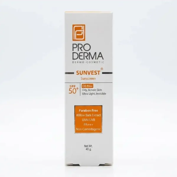 کرم ضد آفتاب SPF 50+ پرودرما بی رنگ پوست چرب 40 گرمی