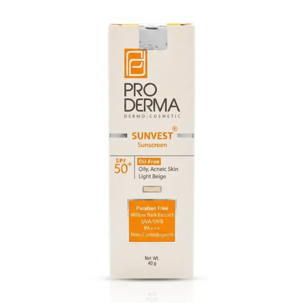 کرم ضد آفتاب SPF 50+ پرودرما بژ روشن پوست چرب و جوش‌دار 40 گرمی