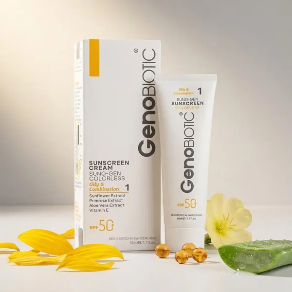کرم ضدآفتاب SPF50 بی‌رنگ ژنوبایوتیک پوست چرب و مختلط (کد ۱) 50 میلی لیتری
