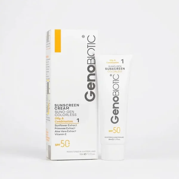 کرم ضدآفتاب SPF50 بی‌رنگ ژنوبایوتیک پوست چرب و مختلط (کد ۱) 50 میلی لیتری