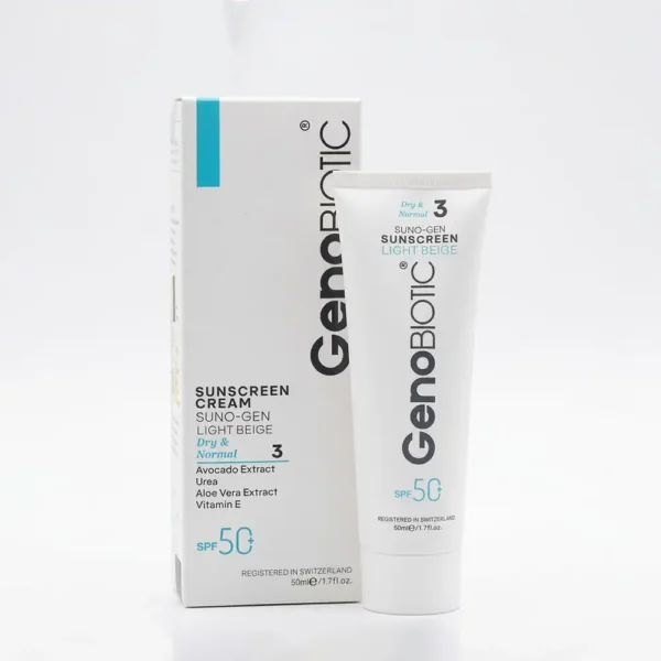 کرم ضدآفتاب SPF50 ژنوبایوتیک بژ روشن پوست خشک و نرمال کد 3 50 میلی لیتری