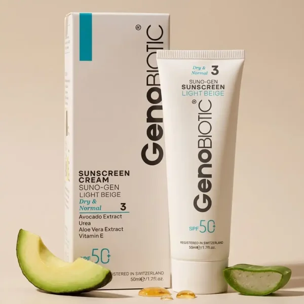 کرم ضدآفتاب SPF50 ژنوبایوتیک بژ روشن پوست خشک و نرمال کد 3 50 میلی لیتری