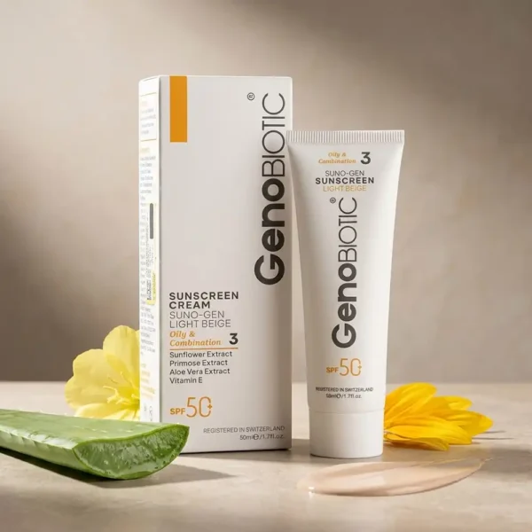 کرم ضدآفتاب SPF50 رنگی ژنوبایوتیک بژ روشن پوست چرب 50 میلی لیتری