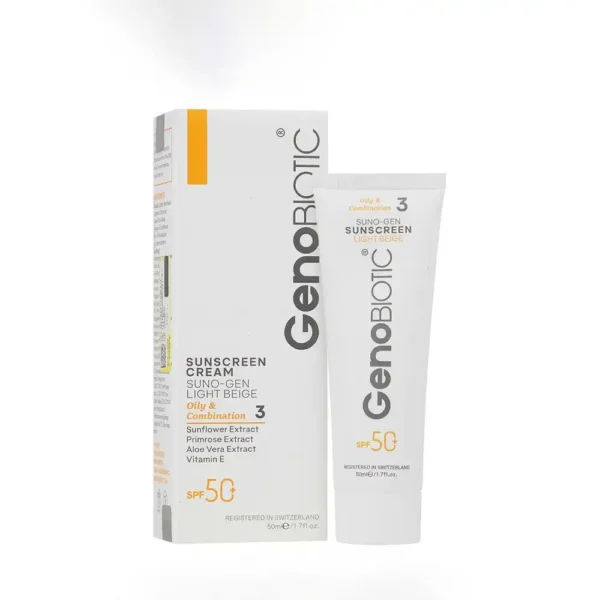 کرم ضدآفتاب SPF50 رنگی ژنوبایوتیک بژ روشن پوست چرب 50 میلی لیتری