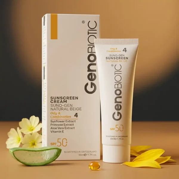 کرم ضدآفتاب SPF50 رنگی ژنوبایوتیک پوست چرب بژ طبیعی 50 میلی لیتری