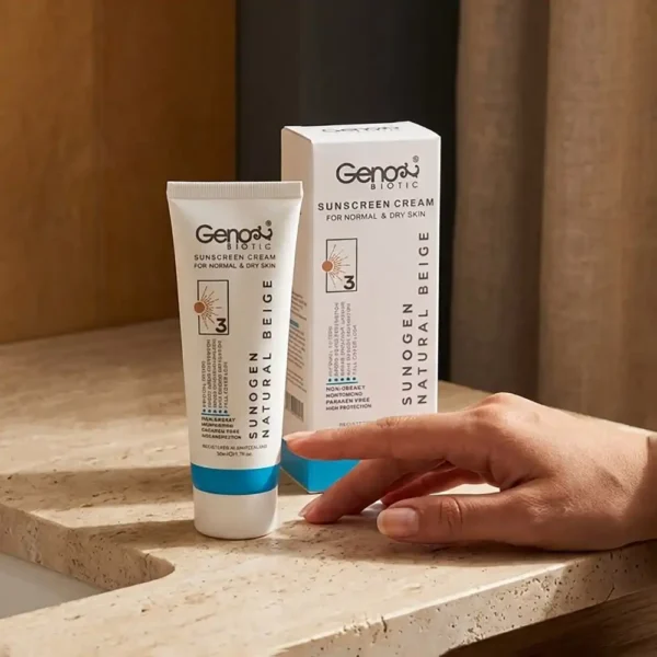 کرم ضدآفتاب SPF50 ژنوبایوتیک بژ طبیعی پوست‌ خشک و معمولی 50 میلی لیتری