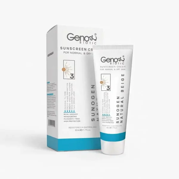 کرم ضدآفتاب SPF50 ژنوبایوتیک بژ طبیعی پوست‌ خشک و معمولی 50 میلی لیتری